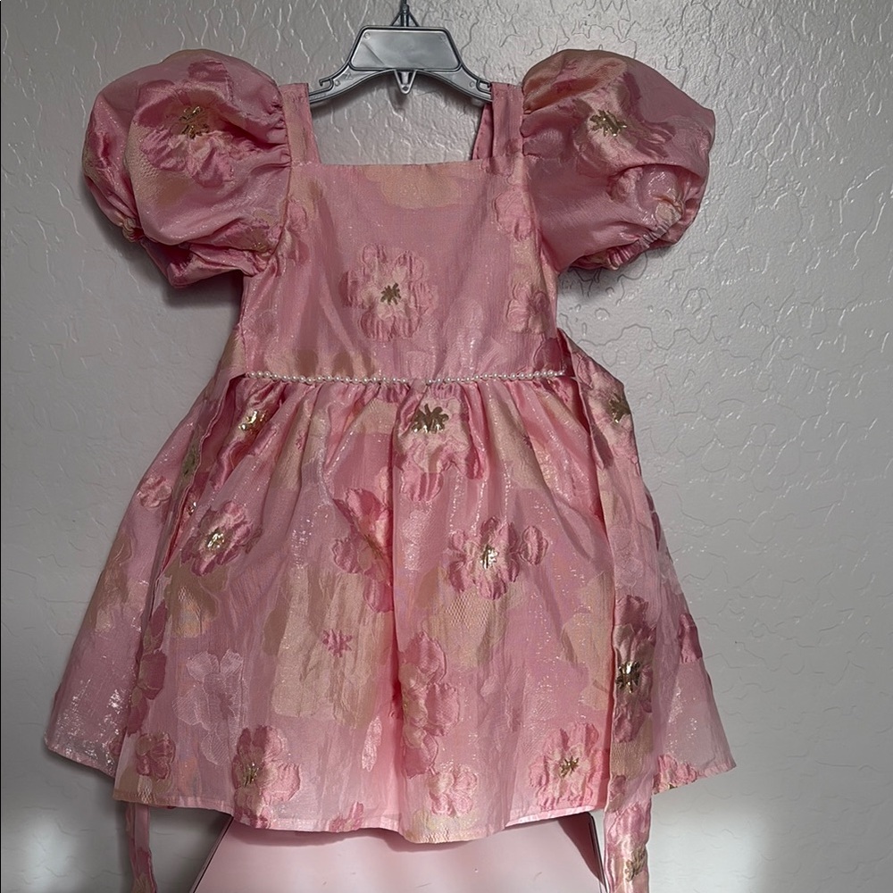 Badgley Mischka Pink Floral Puff Sleeve Dress